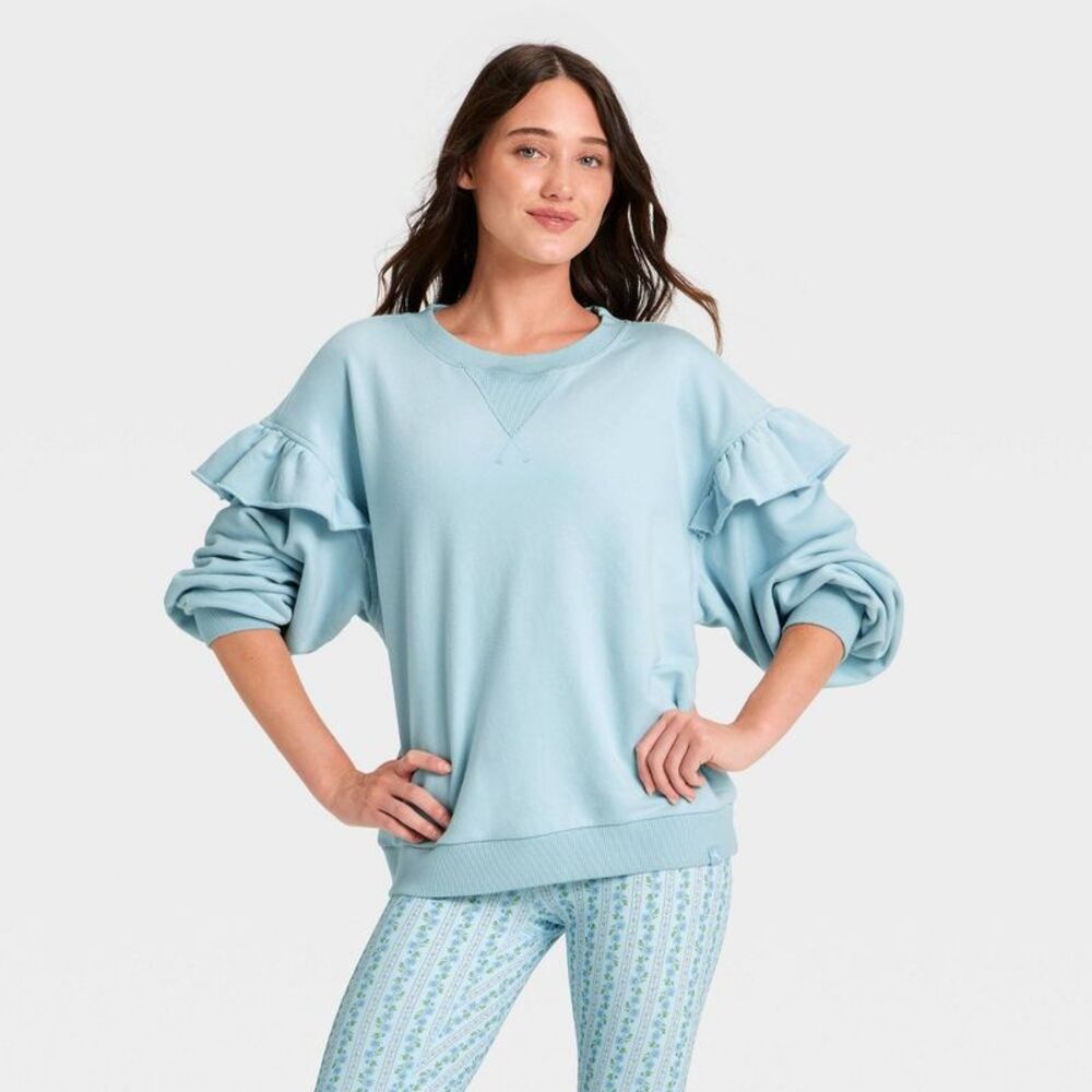 Women's Active Ruffle Trim Crewneck Sweatshirt - JoyLab Light Blue S